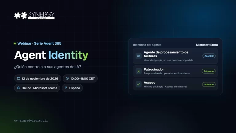 Agent Identity: ¿Quién controla a sus agentes de IA? · Synergy Advisors, 12 de noviembre de 2026 · España