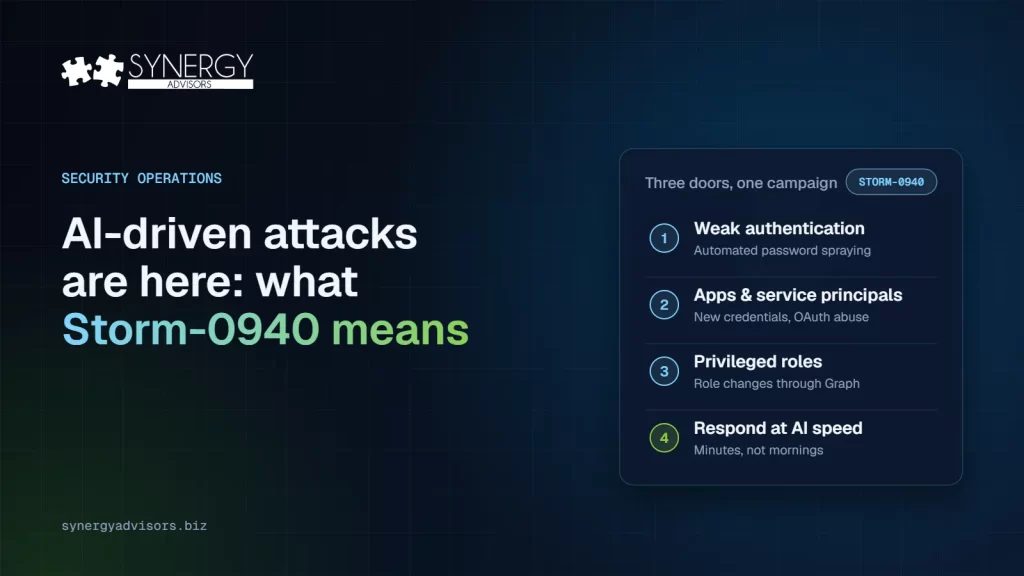 AI-driven attacks are here: what Storm-0940 means, with the three doors attackers used: weak authentication, apps and service principals, and privileged roles