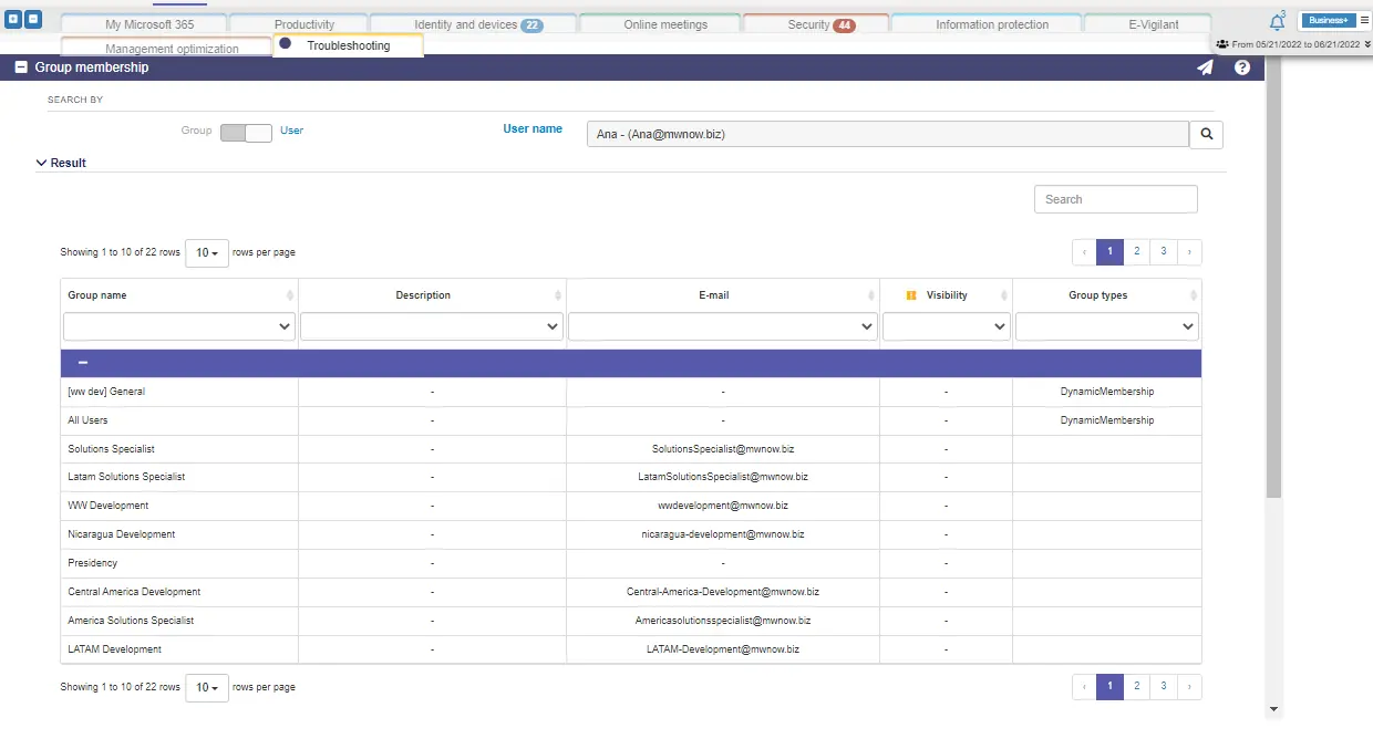E-Visor Teams App troubleshooting tab: group membership of a user
