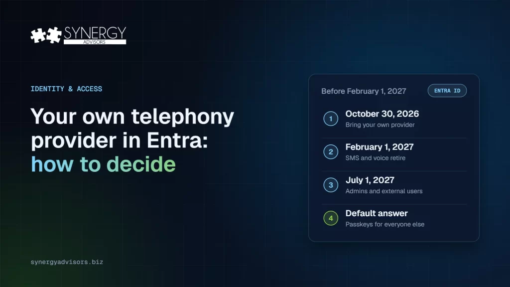Your own telephony provider in Microsoft Entra: how to decide, with the key dates October 30, 2026, February 1, 2027 and July 1, 2027, and passkeys as the default answer