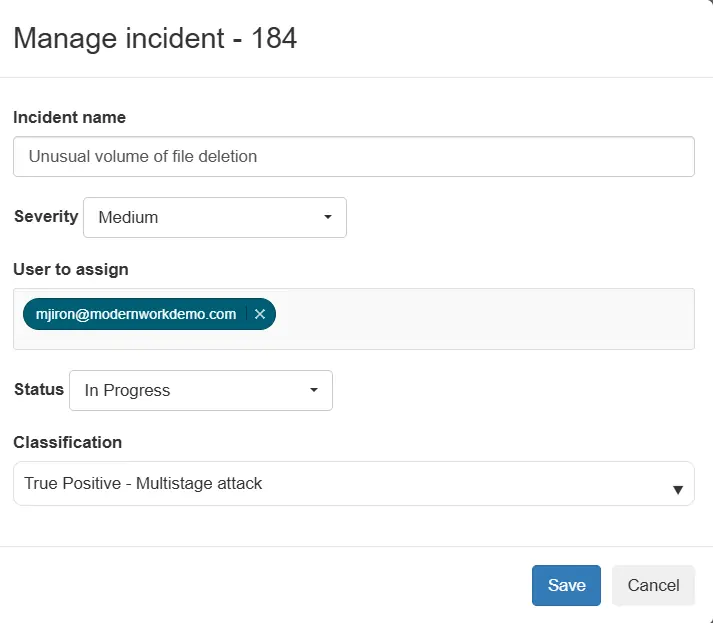 Manage incident panel: name, severity, assigned user, status and classification