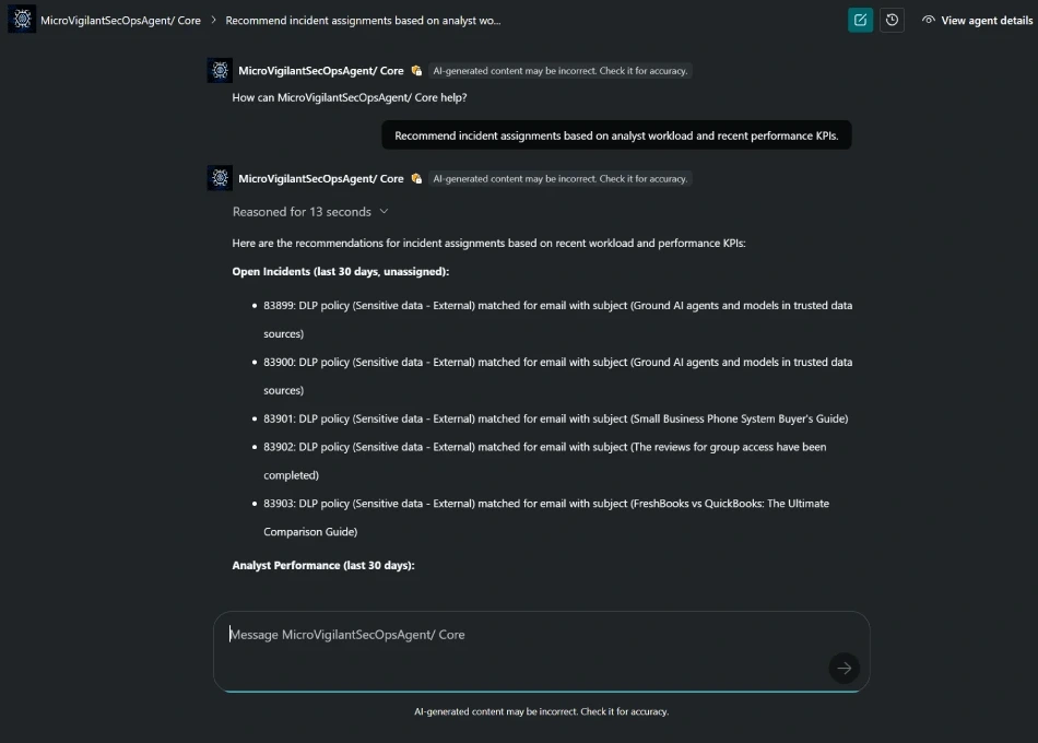 Micro-Vigilant SecOps Agent recommending incident assignments in Microsoft Security Copilot