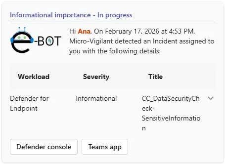 Micro-Vigilant notification card in Microsoft Teams with the workload, severity and title of an incident