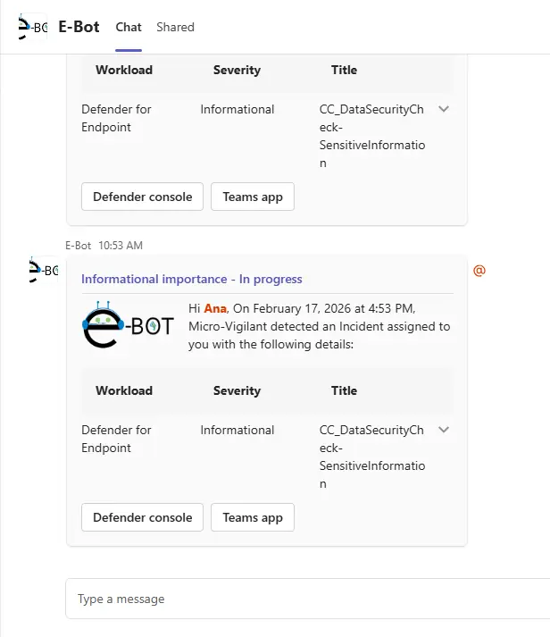 Micro-Vigilant activity cards in a Microsoft Teams chat