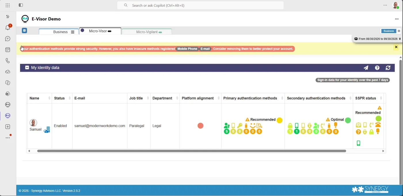 Vista de usuario con un aviso de que todavía tiene métodos inseguros registrados