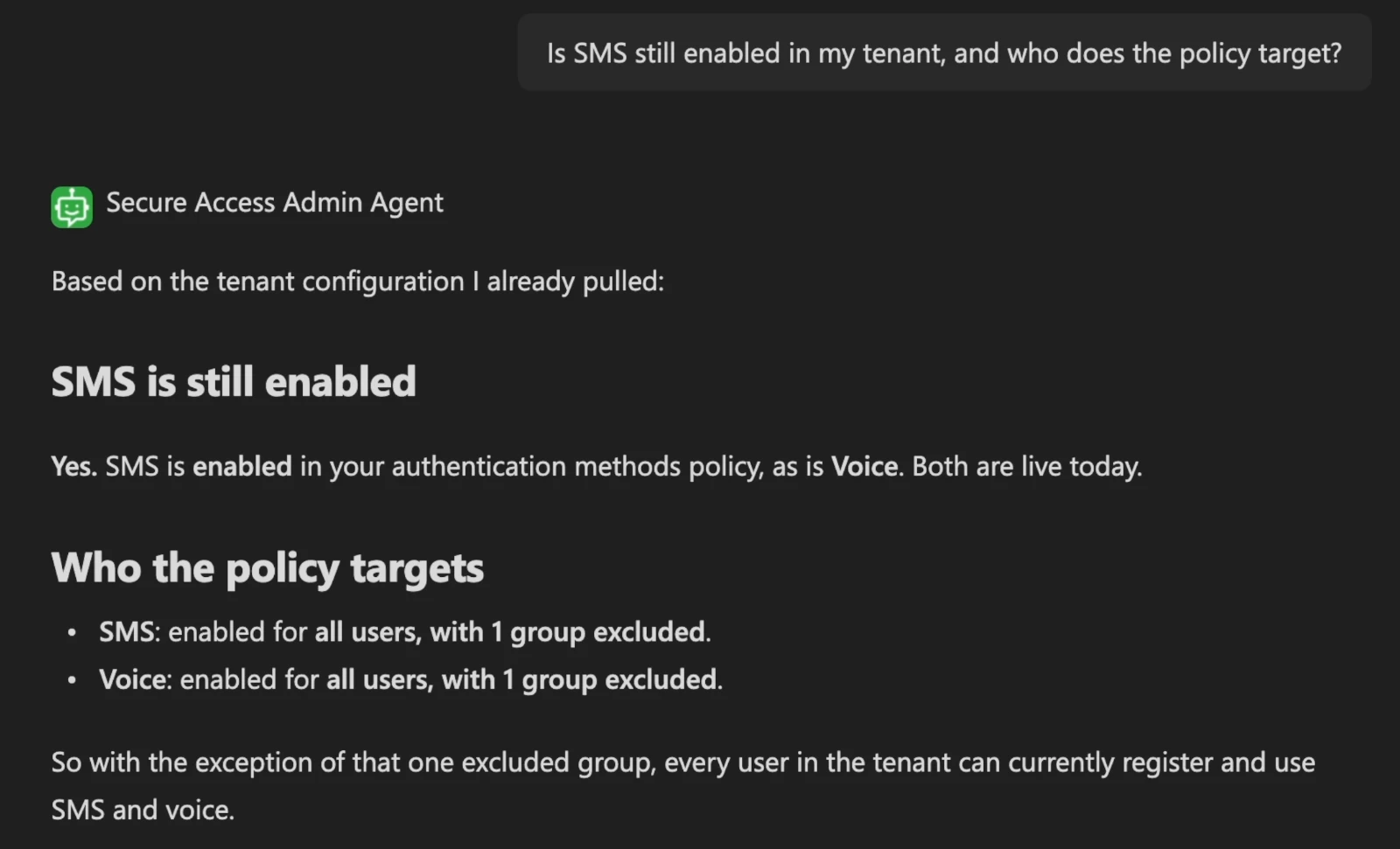 Secure Access Admin Agent confirming SMS and voice are enabled and who the policy targets