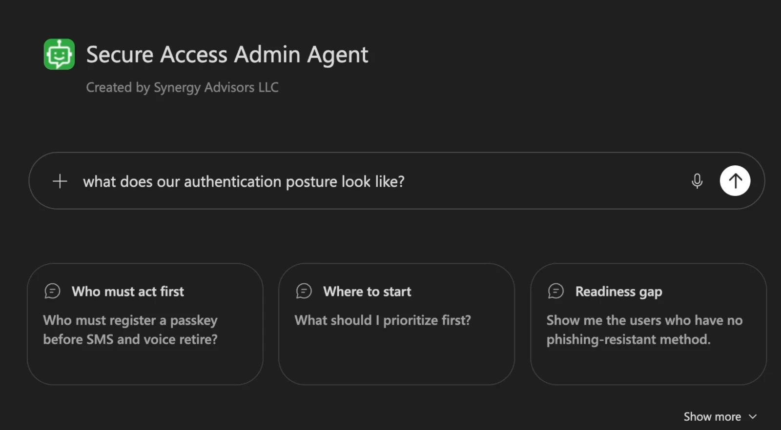 Secure Access Admin Agent start screen with suggested questions