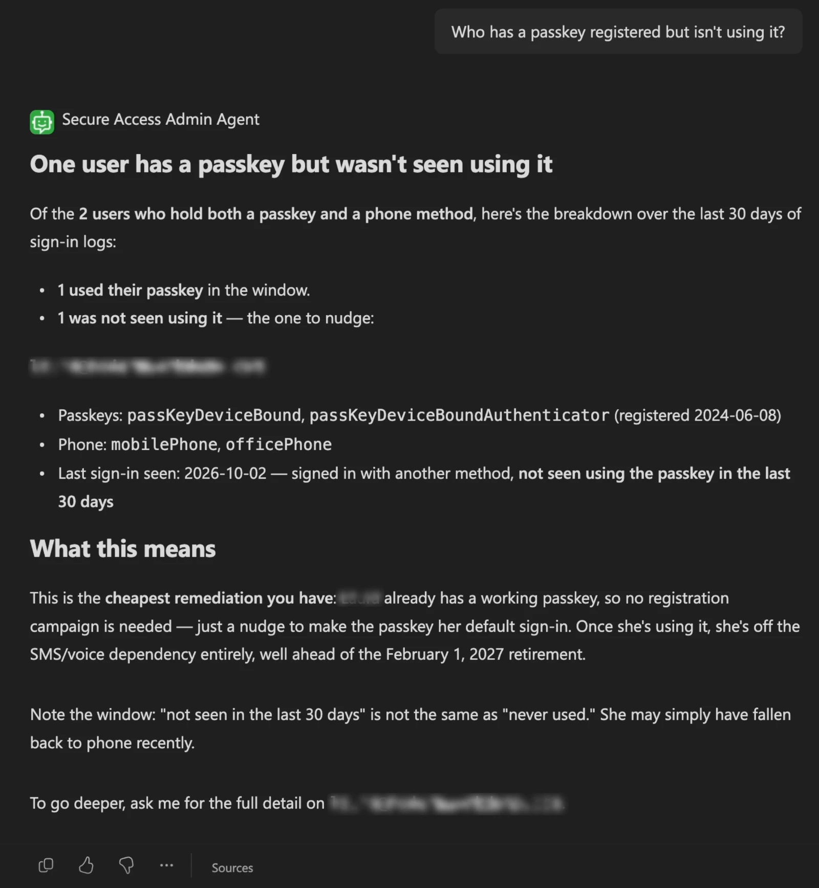 Secure Access Admin Agent finding a user who has a passkey but is not using it
