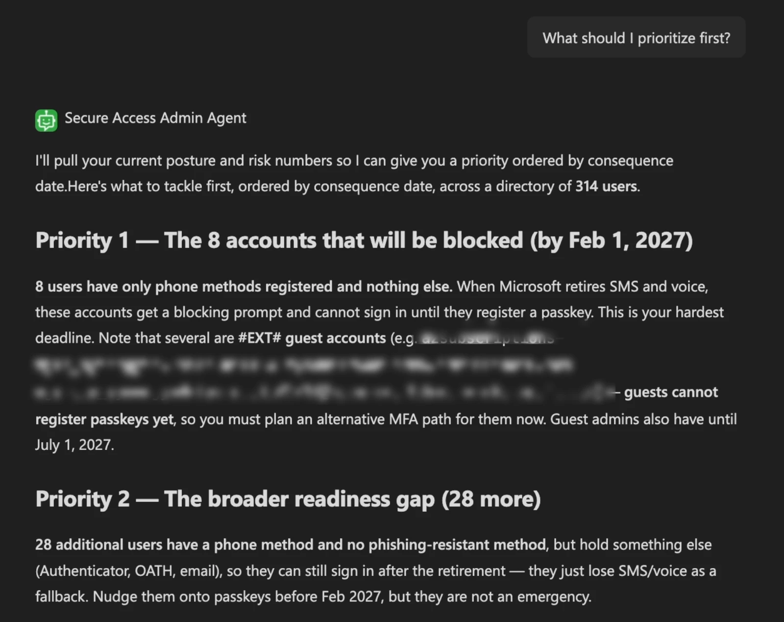 Secure Access Admin Agent answering what to prioritize first, ordered by consequence date