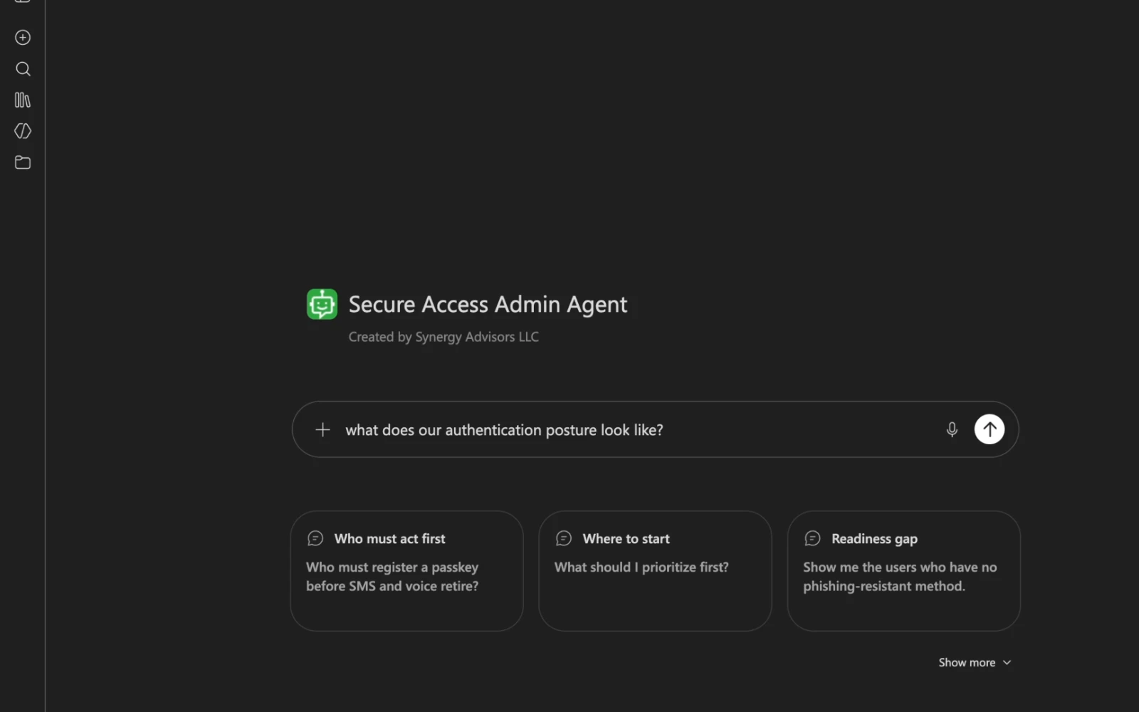 Secure Access Admin Agent start screen with suggested questions
