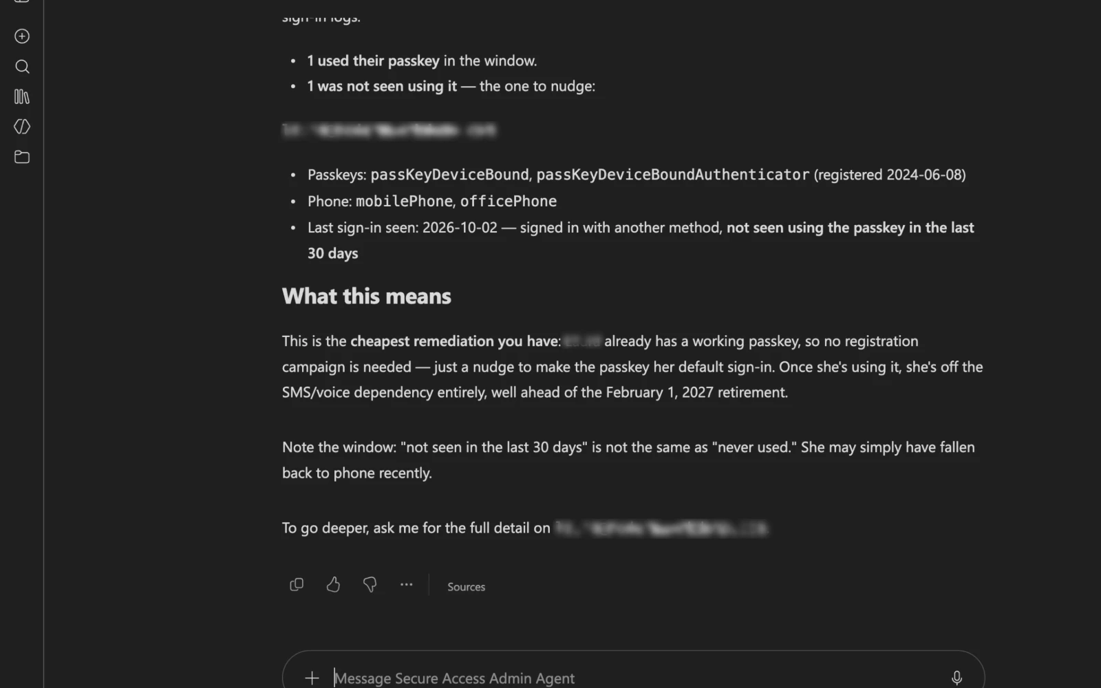Secure Access Admin Agent finding a user who has a passkey but is not using it