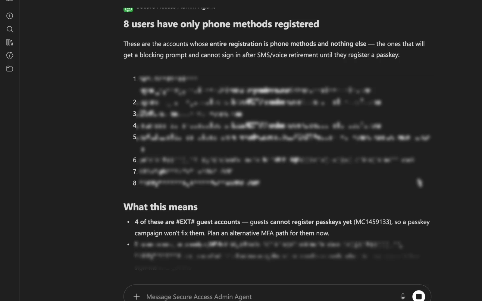 Secure Access Admin Agent listing the users who only have phone methods registered
