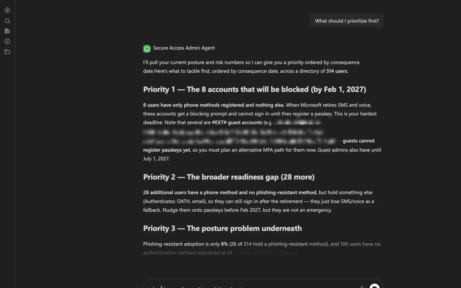 Secure Access Admin Agent answering what to prioritize first