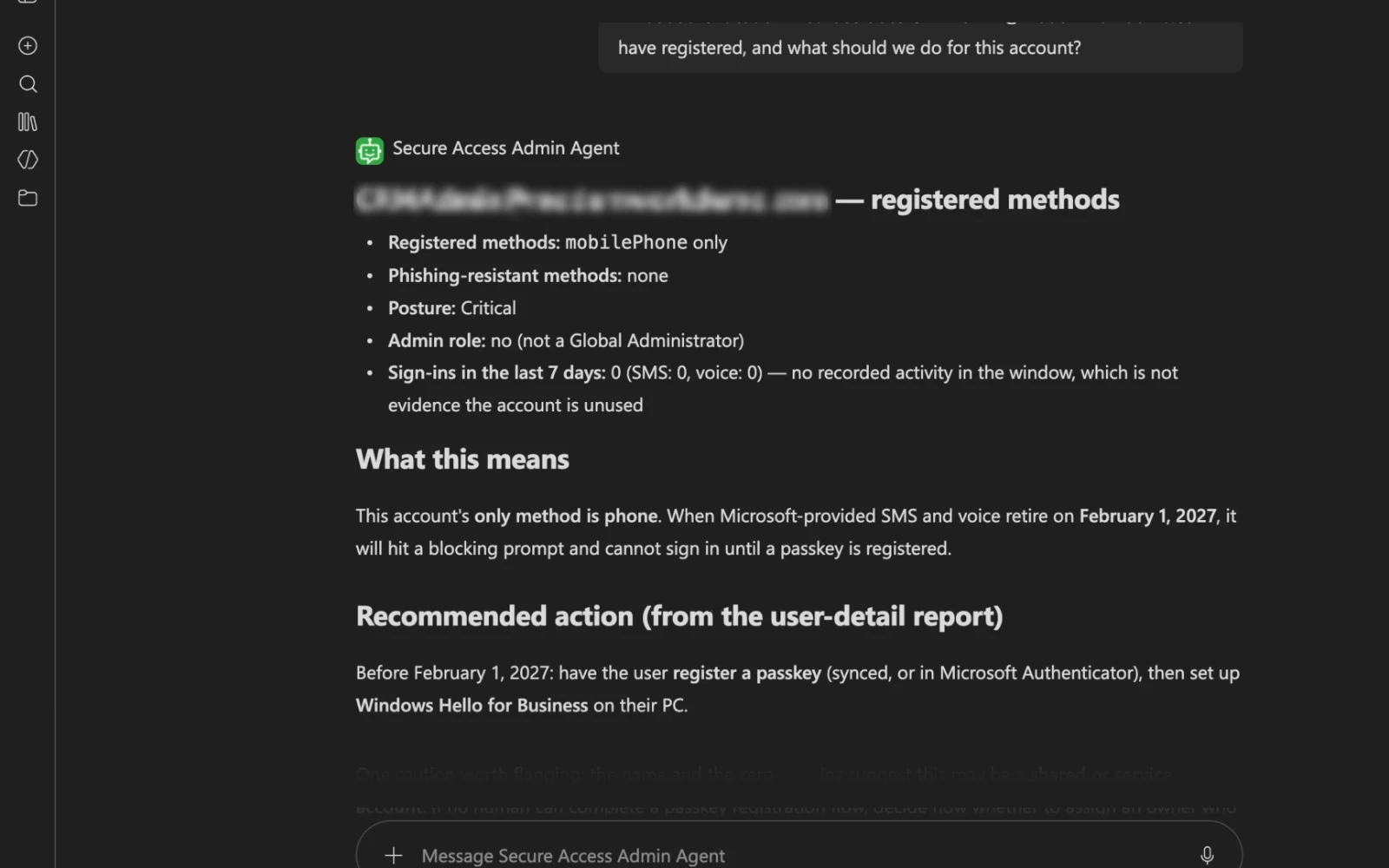 Secure Access Admin Agent showing the registered methods and recommended action for one user