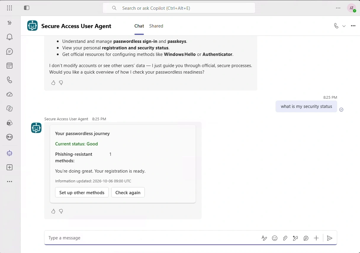 Secure Access User Agent status card in Microsoft Teams