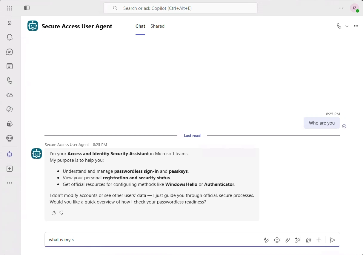 Secure Access User Agent introducing itself in Microsoft Teams