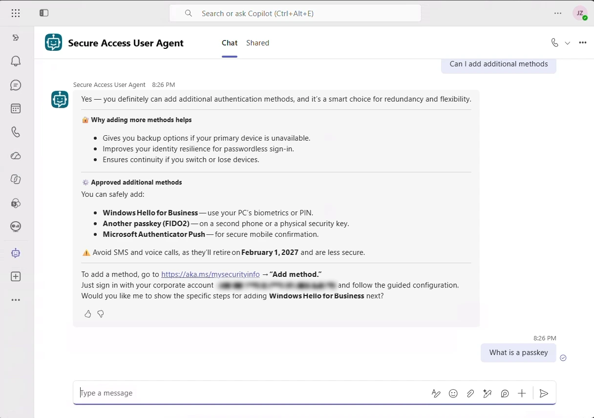 Secure Access User Agent recommending additional sign-in methods in Microsoft Teams