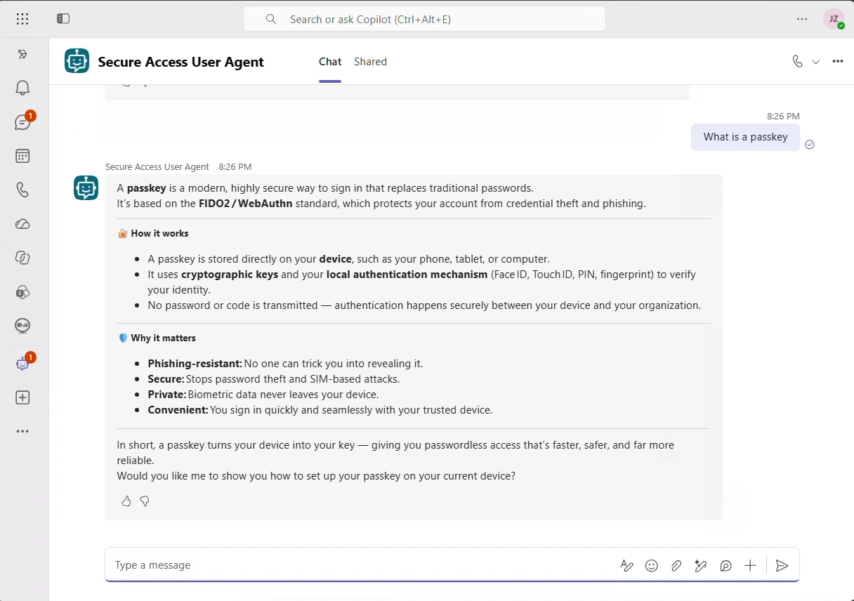 Secure Access User Agent explaining what a passkey is in Microsoft Teams