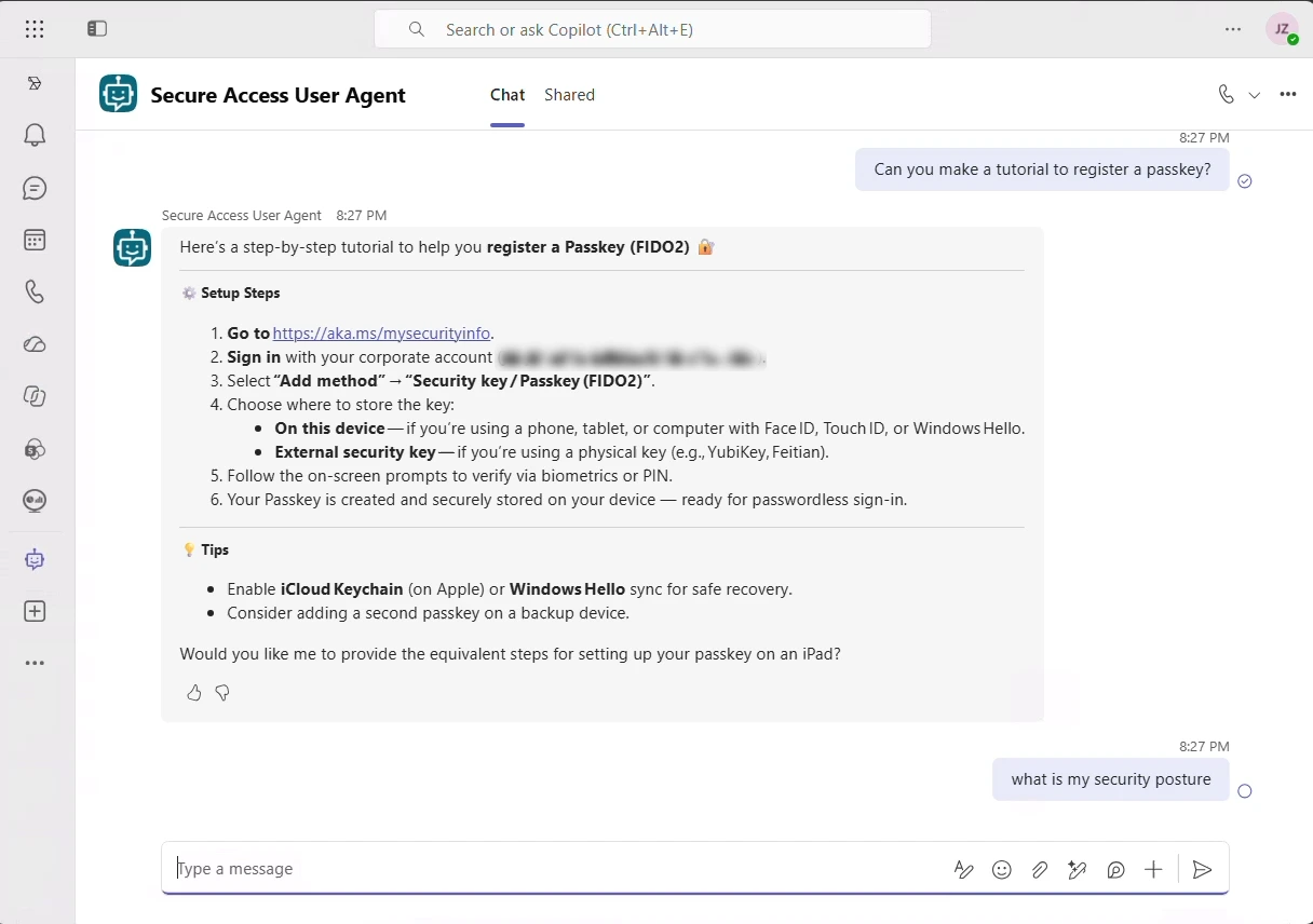 Secure Access User Agent tutorial to register a passkey in Microsoft Teams