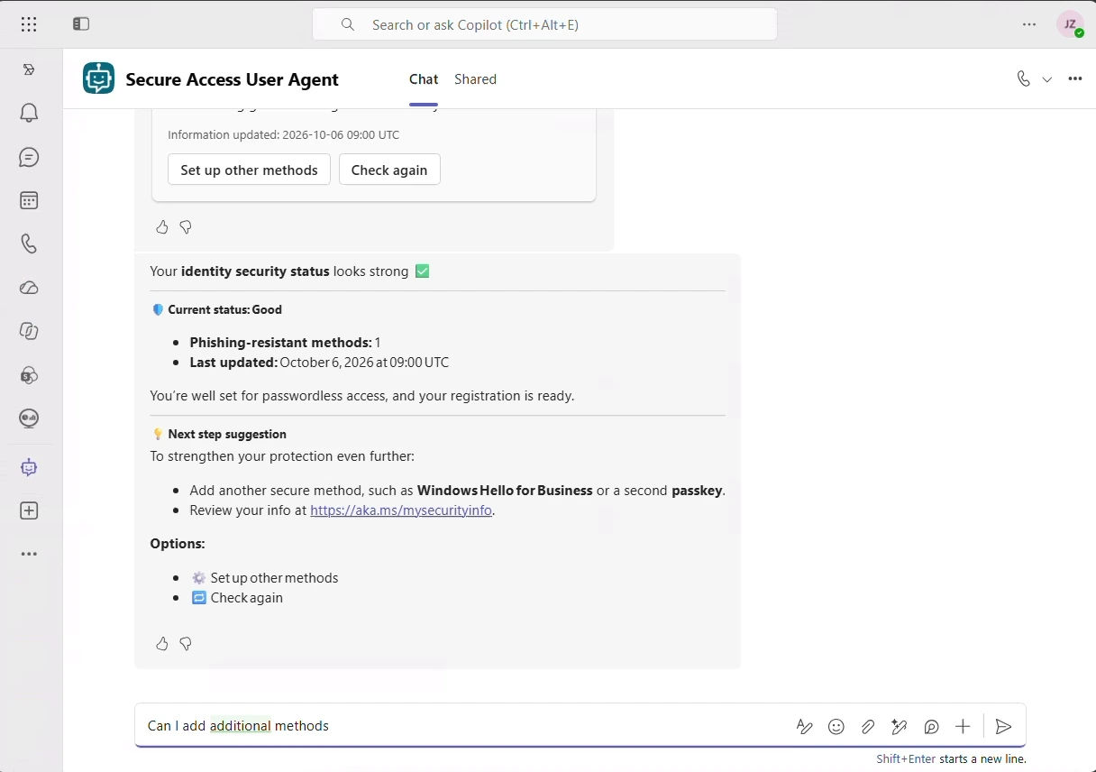 Secure Access User Agent explaining an employee security status in Microsoft Teams