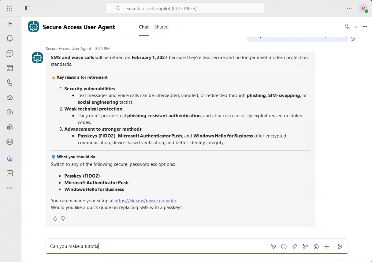 Secure Access User Agent explaining why SMS and voice are being retired