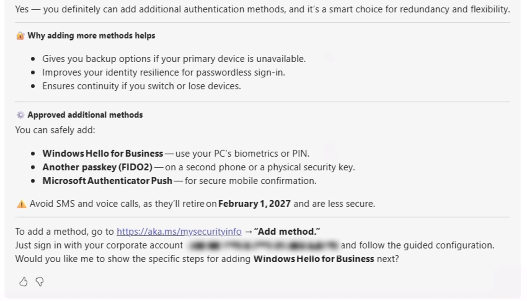 Secure Access User Agent recommending additional sign-in methods
