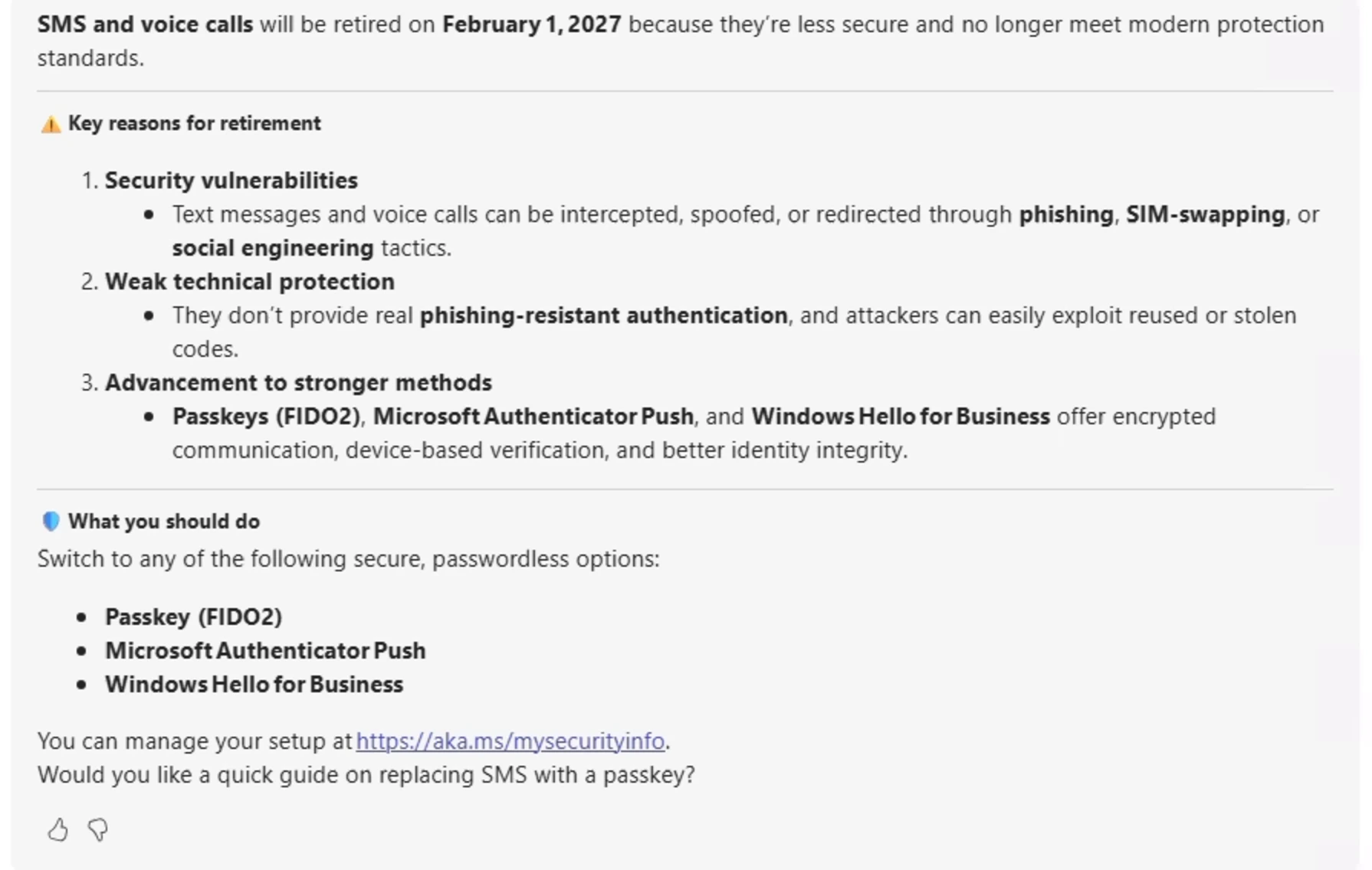 Secure Access User Agent explaining why SMS and voice calls are being retired