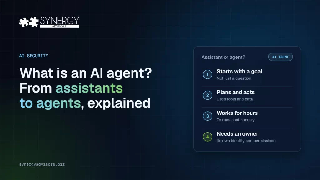 What is an AI agent? From assistants to agents, explained: an agent starts with a goal, plans and acts, works for hours and needs an owner